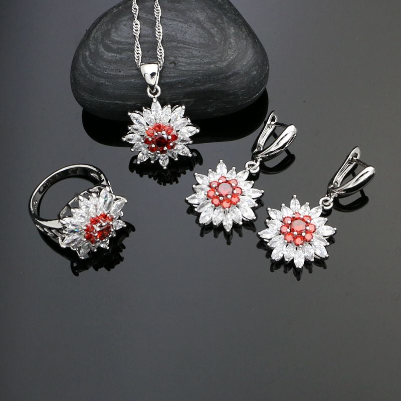 Cute Silver 925 Wedding Jewelry Sets For Women Red Cubic Zirconia White Crystal Earrings/Rings/Pendant/Necklace Set