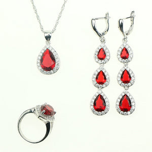 Red Garnet White Zircon Created Drop Sterling Silver 925 Jewelry Sets For Women Sliver Earrings/Pendant/Necklace/Rings Free Box