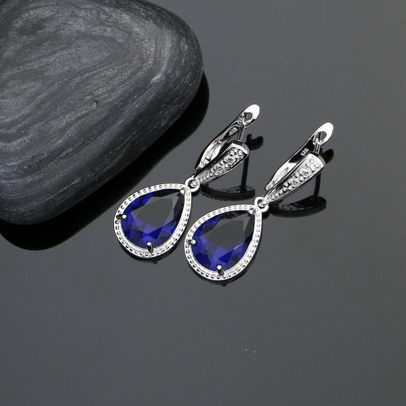 Water Drop 925 Silver Jewelry Sets For Women Party Decoration Blue Cubic Zirconia Earrings/Ring/Bracelet/Necklace/Pendant