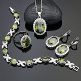 Olive Green Stone White Crystal 925 Silver Jewelry Sets For Women Party Accessories Earrings/Pendant/Ring/Bracelet/Necklace Set