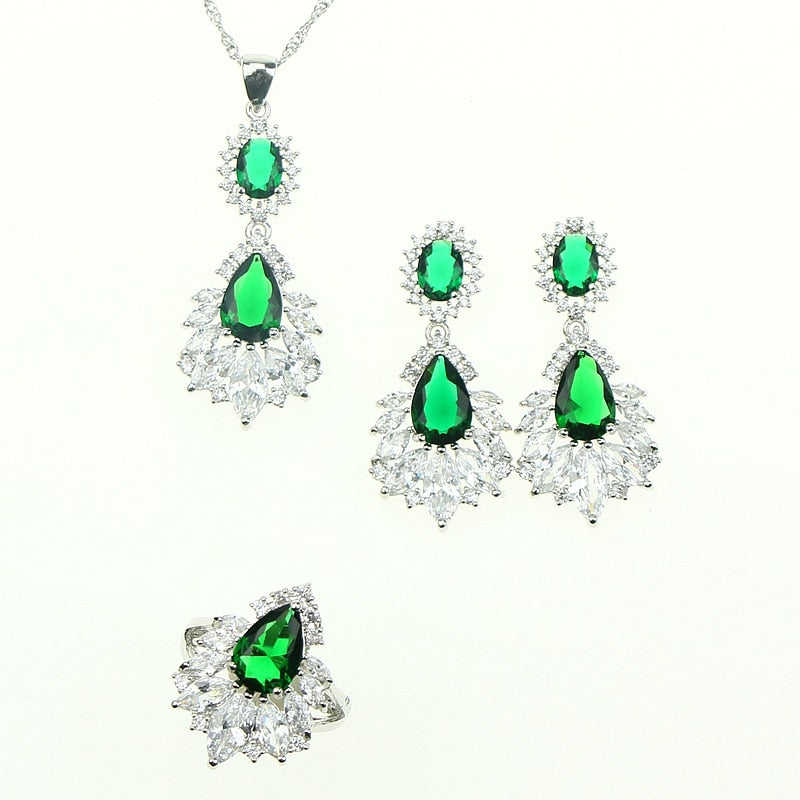 Women Green Cubic Zirconia Charming Crystal Jewelery 925 Sterling Silver Jewelry Sets Earrings/Ring/Necklace/Pendant Free Box