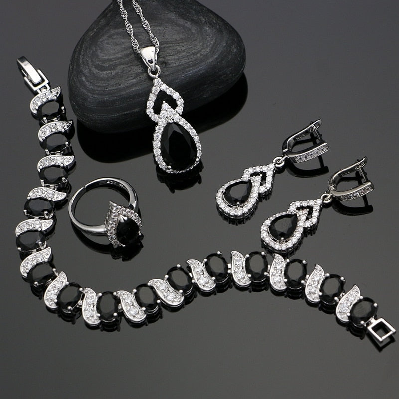 925 Silver Bridal Jewelry Sets Black Cubic Zirconia White Crystal Jewelry For Women Water Drop Earrings Open Ring Necklace Set 