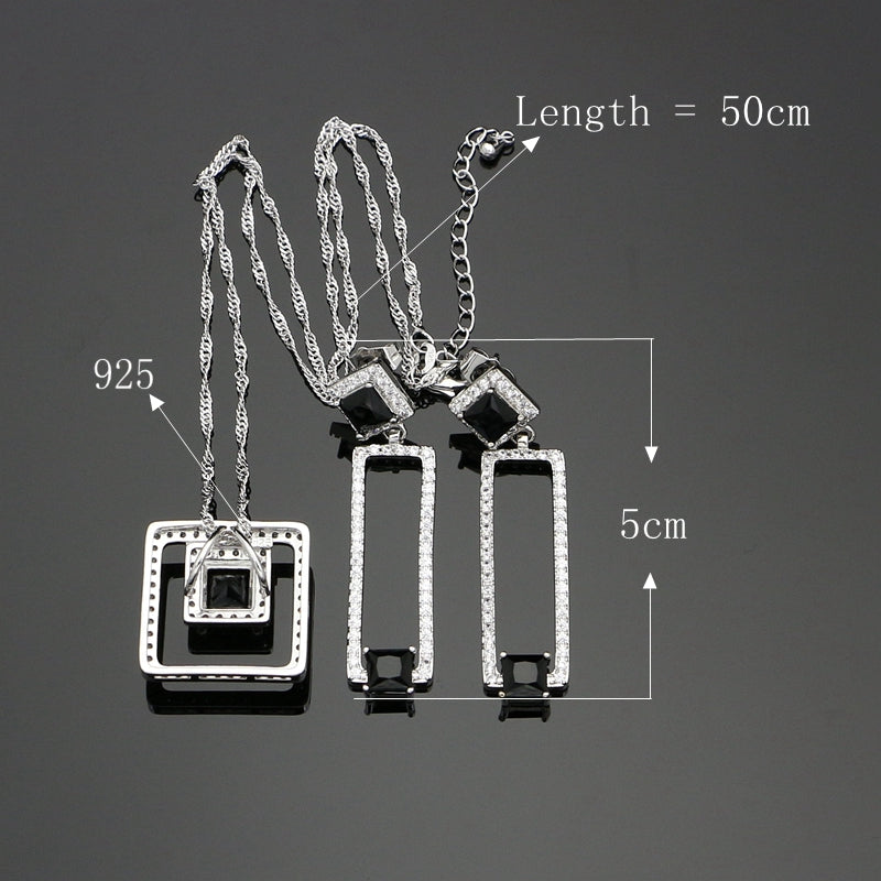 Hyperbole Black Cubic Zirconia White Crystal Silver 925 Jewelry Sets For Women Square Long Earrings/Pendant/Rings/Necklace Set