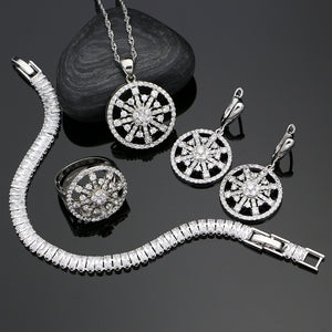 Flower Bride 925 Silver Jewelry Sets For Women Flower White Zircon Beads Pendant/Ring/Bracelet/Earrings/Necklace Set