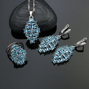 925 Sterling Silver Jewelry Sets For Women Party Decoration Sky Blue Cubic Zirconia Earrings Ring Necklace Pendant Set