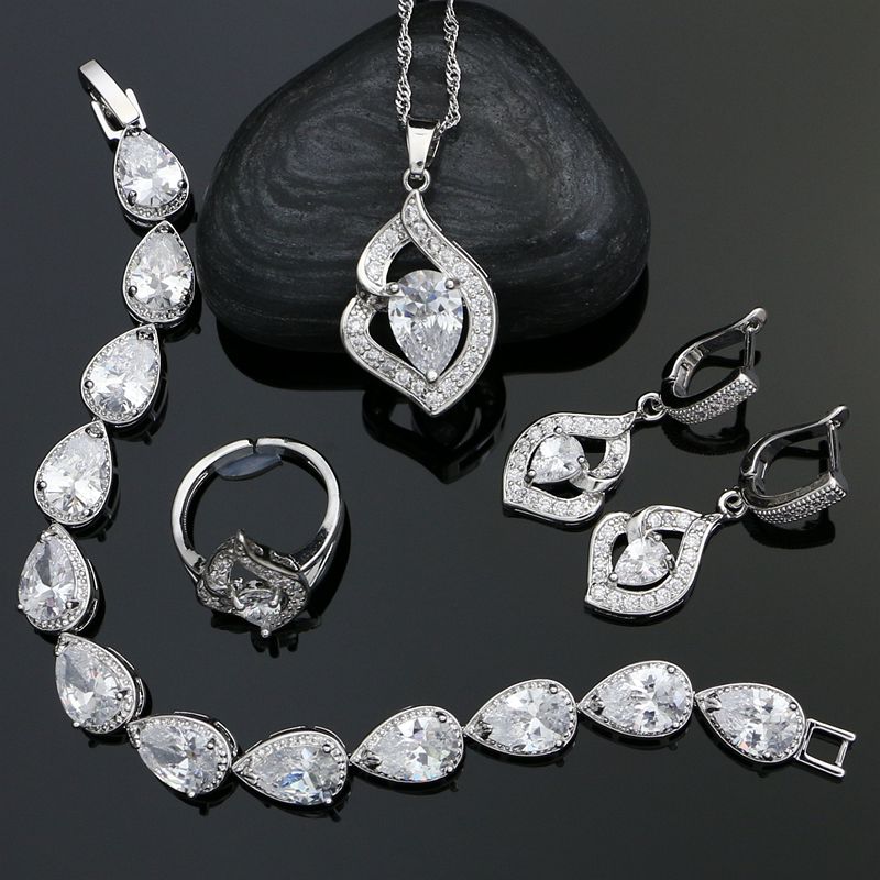 925 Sterling Silver Jewelry Sets For Bride Wedding Accessories White Cubic Zirconia Earrings/Ring/Bracelet/Necklace/Pendant Set