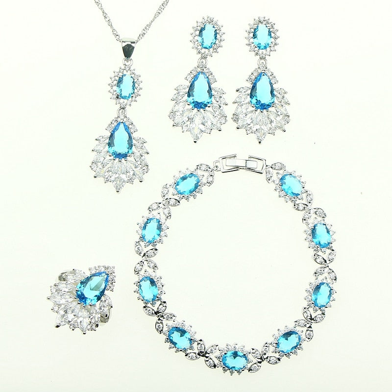 Bride 925 Sterling Silver Women 4PCS Jewelry Sets Natural Blue Crystal Zircon Necklace/Pendant/Earrings/Ring/Bracelet Gift Box