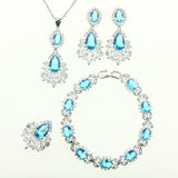 Bride 925 Sterling Silver Women 4PCS Jewelry Sets Natural Blue Crystal Zircon Necklace/Pendant/Earrings/Ring/Bracelet Gift Box