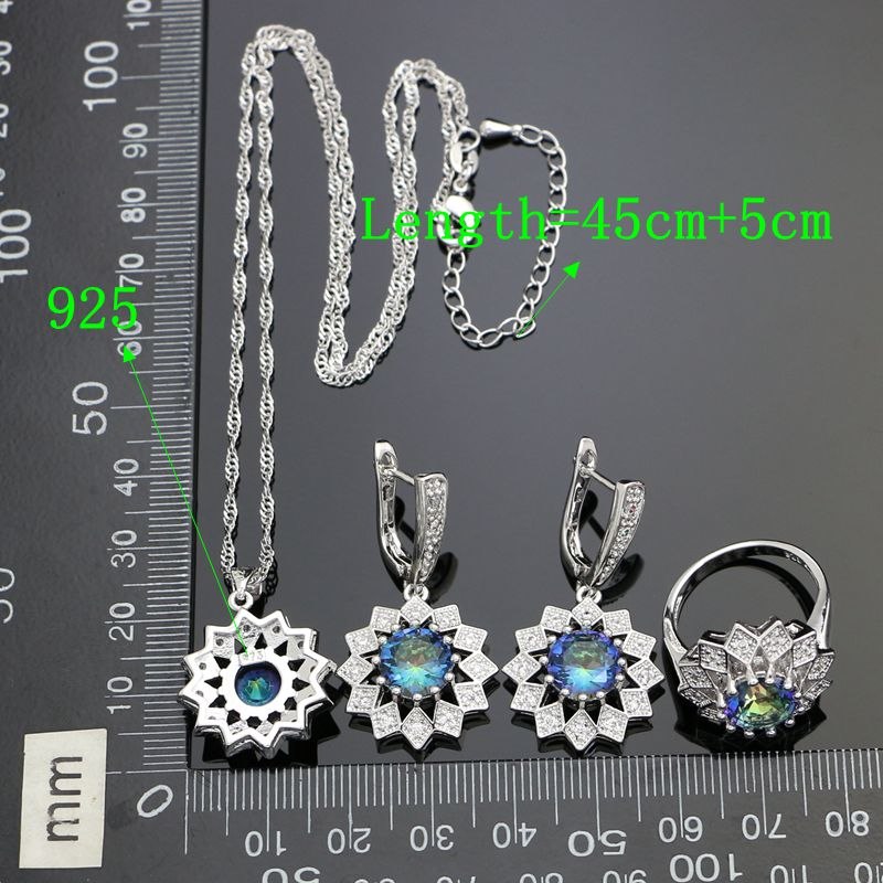 925 Sterling Silver Jewelry Sets Mystic Rainbow Cubic Zirconia White Crystal Earrings Ring Necklace Pendant Set For Women