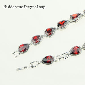 Water Drop Red Garnet CZ 925 Sterling Silver Jewelry Length 18cm 21cm Link Chain Bracelet For Women Free Gift Box