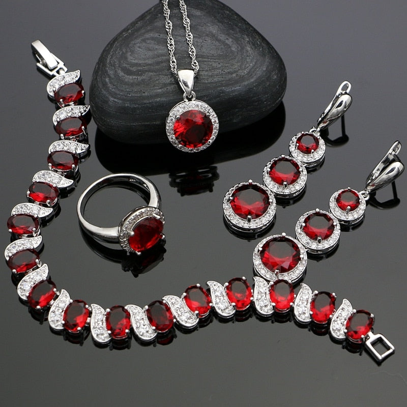 Hyperbole Red Garnet Zircon Jewelery 925 Sterling Silver Jewelry Sets For Women Wedding Pendant/Necklace/Ring/Earrings/Bracelet 