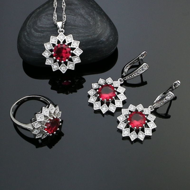 Flower 925 Silver Jewelry Sets For Women Rose Red Cubic Zirconia White Crystal Drop Earrings Ring Necklace Pendant Set