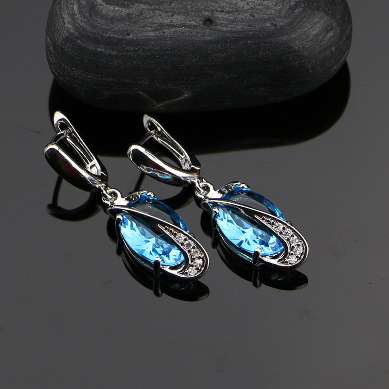 925 Silver Jewelry Sets Sky Blue Zircon White Beads For Women Wedding Earrings/Rings/Bracelet/Pendant/Necklace Set