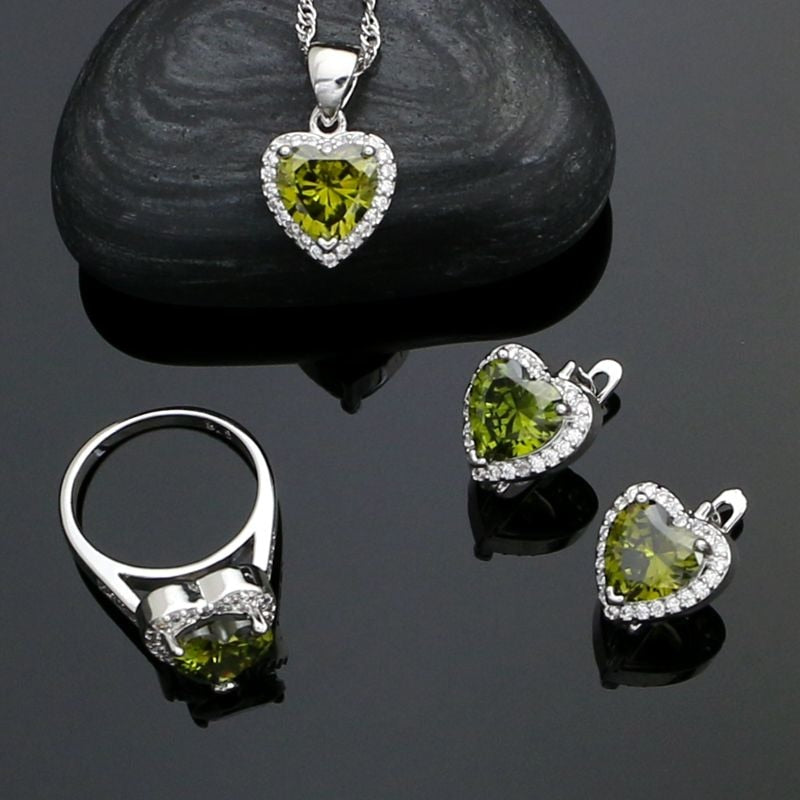 Heart Shaped 925 Silver Jewelry Sets For Women Party Accessories Olive Green Stone White Crystal Earrings Ring Necklace Pendant