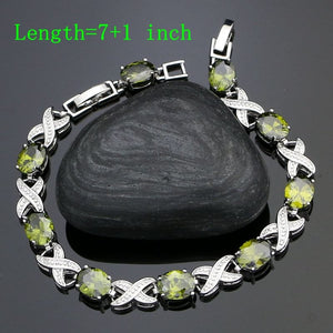 Olive Green Stone White Crystal 925 Silver Jewelry Sets For Women Party Accessories Earrings/Pendant/Ring/Bracelet/Necklace Set