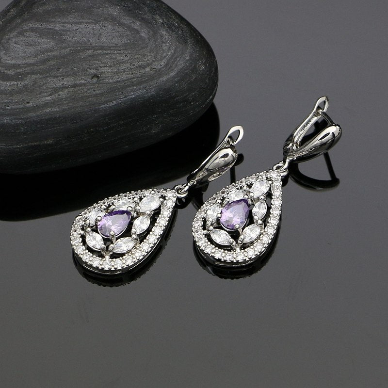 Luxurious Purple Cubic Zirconia White Crystal 925 Sterling Silver Jewelry Sets Earrings/Pendant/Ring/Necklace Set For Women