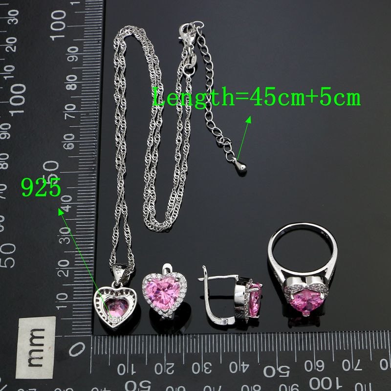 Heart Shaped 925 Silver Bridal Jewelry Sets Pink Cubic Zirconia White Crystal For Women Earrings/Rings/Pendant/Necklace Set