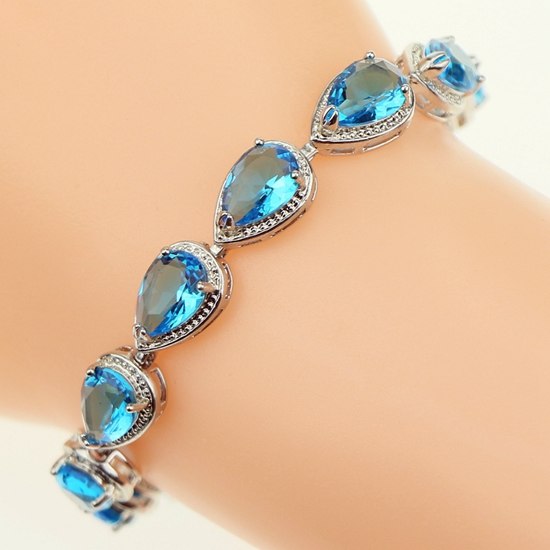 Bridal Water Drop Simulated Sky Blue Created Stone White Zircon Silver Color Link Chain Bracelet For Women Jewelry Free Gift Box