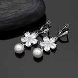 Flower Silver 925 Jewelry White Cubic Zirconia Freshwater Pearls Jewelry Sets For Women Wedding 4PCS Pearl Necklace Set