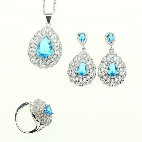 Fashion Women 925 Sterling Silver Jewelery Sky Blue Cubic Zirconia Crystal Earrings/Pendant/Necklace/Ring/Bracelet Jewelry Sets