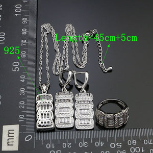 Classic 925 Sterling Silver Wedding Jewelry Sets For Women White Crystal Drop Earrings/Rings/Pendant/Necklace Set