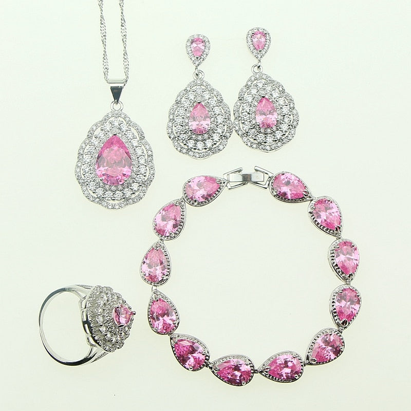 Fashion Women 925 Sterling Silver Jewelery Pink Cubic Zirconia Crystal Earrings/Pendant/Necklace/Ring/Bracelet Jewelry Sets 