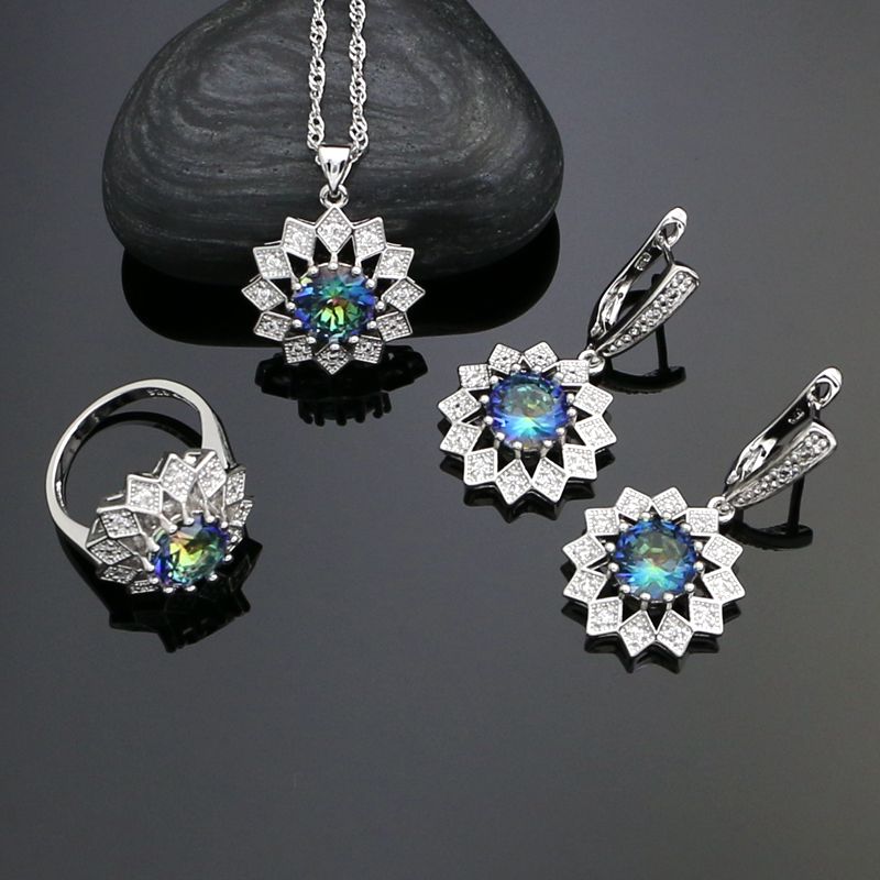 925 Sterling Silver Jewelry Sets Mystic Rainbow Cubic Zirconia White Crystal Earrings Ring Necklace Pendant Set For Women