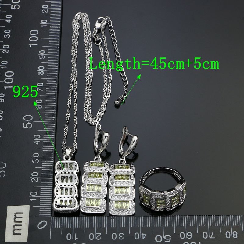 925 Silver Jewelry Sets For Women Olive Green Cubic Zirconia White Crystal Earrings Ring Necklace Pendant Party Accessories