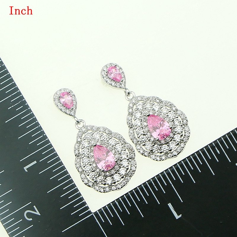 Fashion Women Sterling Silver 925 Jewelery Pink Cubic Zirconia Crystal Earrings/Pendant/Necklace/Ring Jewelry Sets 