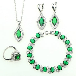 Women Lozenge Green Cubic Zirconia Crystal Jewelery 925 Sterling Silver Jewelry Sets Earrings/Pendant/Necklace/Ring/Bracelet