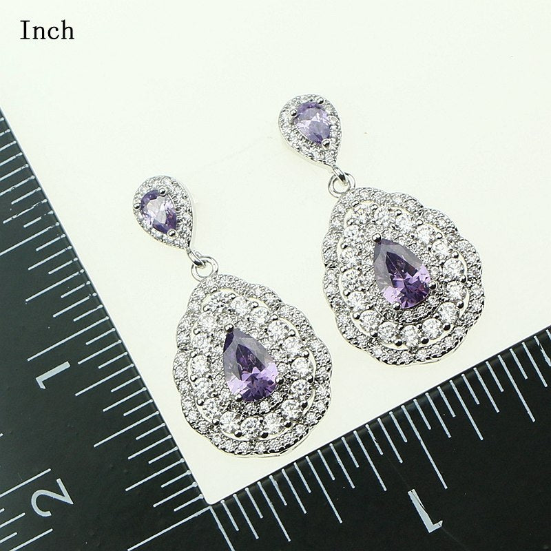 Fashion Women 925 Sterling Silver Jewelery Purple Cubic Zirconia Crystal Earrings/Pendant/Necklace/Ring/Bracelet Jewelry Sets 