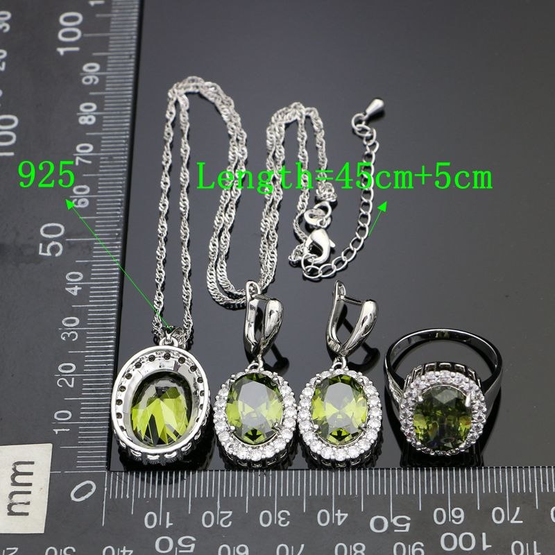 Olive Green Stone White Crystal 925 Silver Jewelry Sets For Women Party Accessories Earrings/Pendant/Ring/Bracelet/Necklace Set