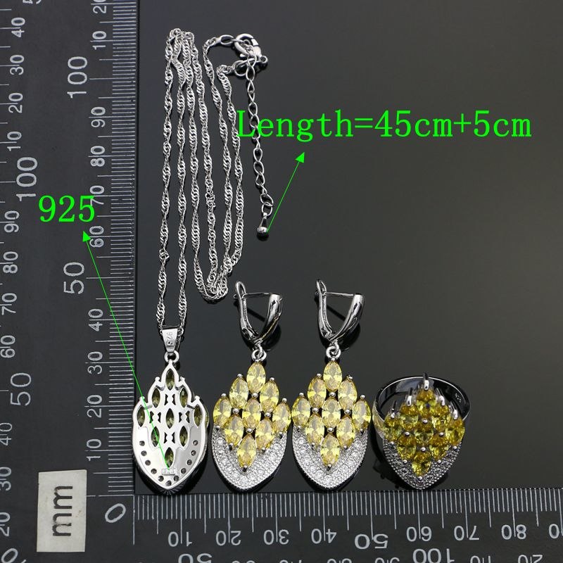 925 Silver Wedding Jewelry Sets For Bride Yellow Cubic Zirconia White Crystal Earrings/Ring/Bracelet/Necklace/Pendant Set