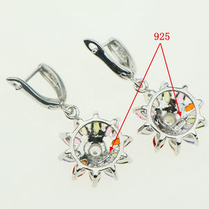 Flower With Multicolor Crystal Zircon 925 Sterling Silver Jewelry Sets For Women Earrings/Pendant/Necklace/Ring Free Gift Box