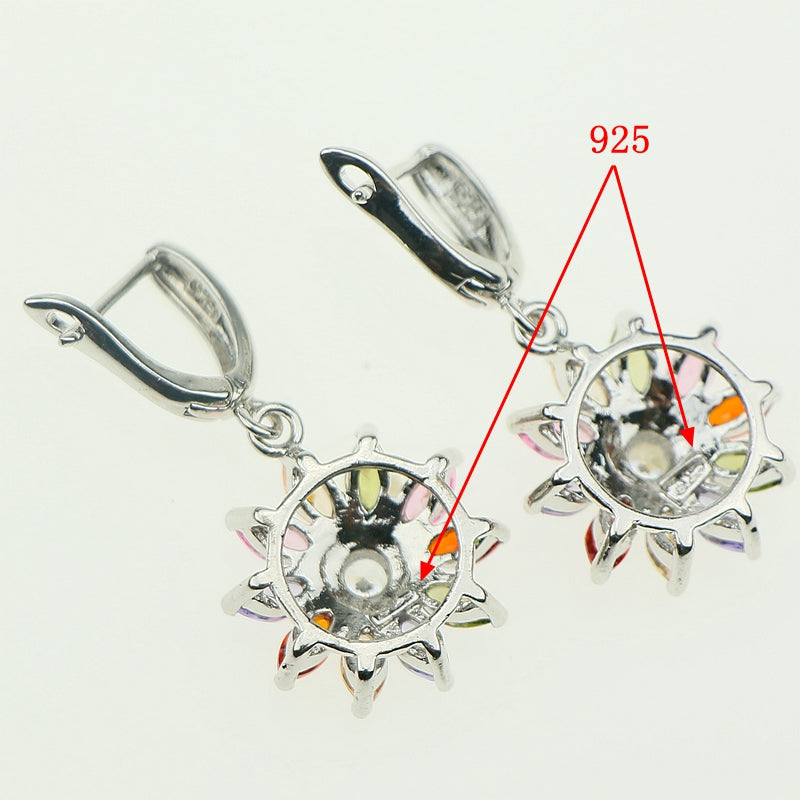 Flower With Multicolor Crystal Zircon 925 Sterling Silver Jewelry Sets For Women Earrings/Pendant/Necklace/Ring Free Gift Box