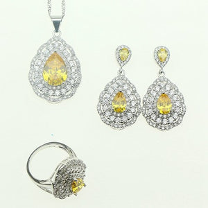 Fashion Women 925 Sterling Silver Jewelery Yellow Cubic Zirconia Crystal Earrings/Pendant/Necklace/Ring Jewelry Sets