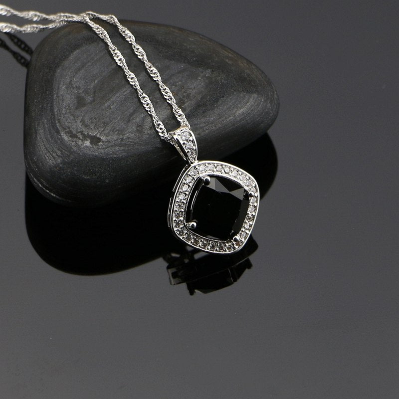  925 Sterling Silver Black Cubic Zirconia White Zircon Jewelry Set For Women Wedding Earring Rings Pendant Necklace Set