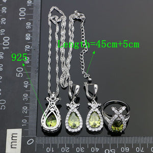 Silver 925 Engagement Jewelry Sets For Women Olive Green Cubic Zirconia White Crystal Earrings/Ring/Bracelet/Necklace/Pendant