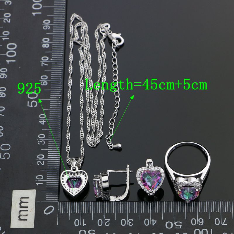 Heart 925 Sterling Silver Jewelry Sets For Women Mystic Rainbow Cubic Zirconia White Crystal Earrings Ring Necklace Pendant Set