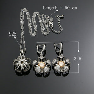 Flower Silver 925 Jewelry Champagne Crystal  White CZ Beads Jewelry Sets For Women Wedding Earrings/Rings/Pendant/Necklace Set