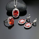 Round Red Stone White Crystal 925 Sterling Silver Bridal Jewelry Sets For Women Earrings Pendant Ring Necklace Set