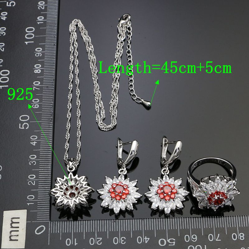 Flower Shaped 925 Sterling Silver Bridal Jewelry Sets For Women Red And White Crystal Earrings/Pendant/Necklace/Ring/Bracelet 