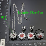 Flower Shaped 925 Sterling Silver Bridal Jewelry Sets For Women Red And White Crystal Earrings/Pendant/Necklace/Ring/Bracelet 