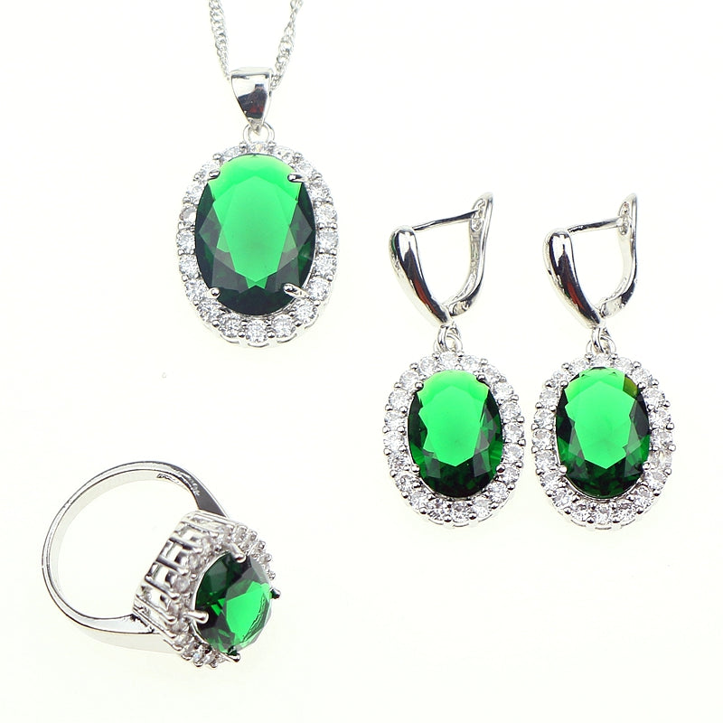 New Oval 925 Sterling Silver Jewelery Green Cubic Zirconia Crystal Jewelry Sets For Women Earrings/Pendant/Necklace/Rings Gift 