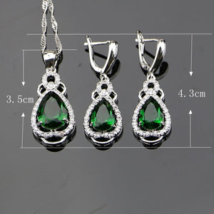 Water Drop 925 Sterling Silver Jewelry Sets Green Zircon White CZ  For Women Earrings/Ring/Necklace/Pendant Free Gift Box