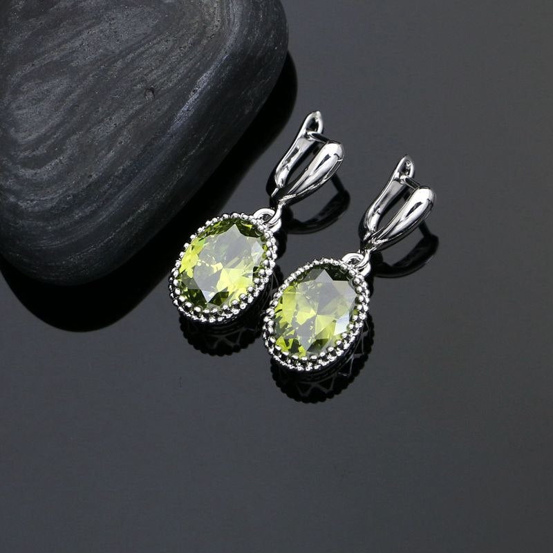 Vintage 925 Sterling Silver Jewelry Sets For Women Olive Green Cubic Zirconia Earrings Ring Necklace Pendant Set