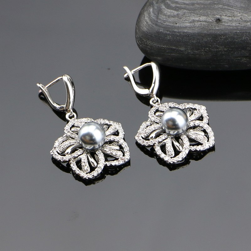 Flower  925 Silver Bridal Jewelry Simulated Pearls With White Beads Jewelry Sets For Women Earrings/Pendant/Ring/Necklace