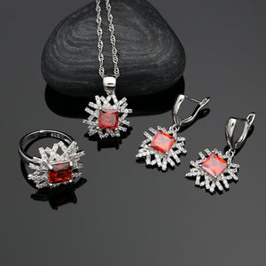 Natural Red Stone White Crystal 925 Silver Jewelry Sets For Ladies Weeding Earrings Silver Flower Bride Necklace Set