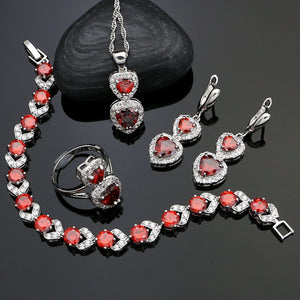 Heart Shaped Red Stone 925 Silver Bridal Jewelry Sets For Women Wedding Accessories Earrings/Pendant/Necklace/Ring/Bracelet 