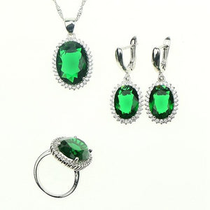 Oval Green Created Emerald White Zircon 925 Sterling Silver Jewelry Sets For Women Earrings/Pendant/Necklace/Rings Free Gift Box